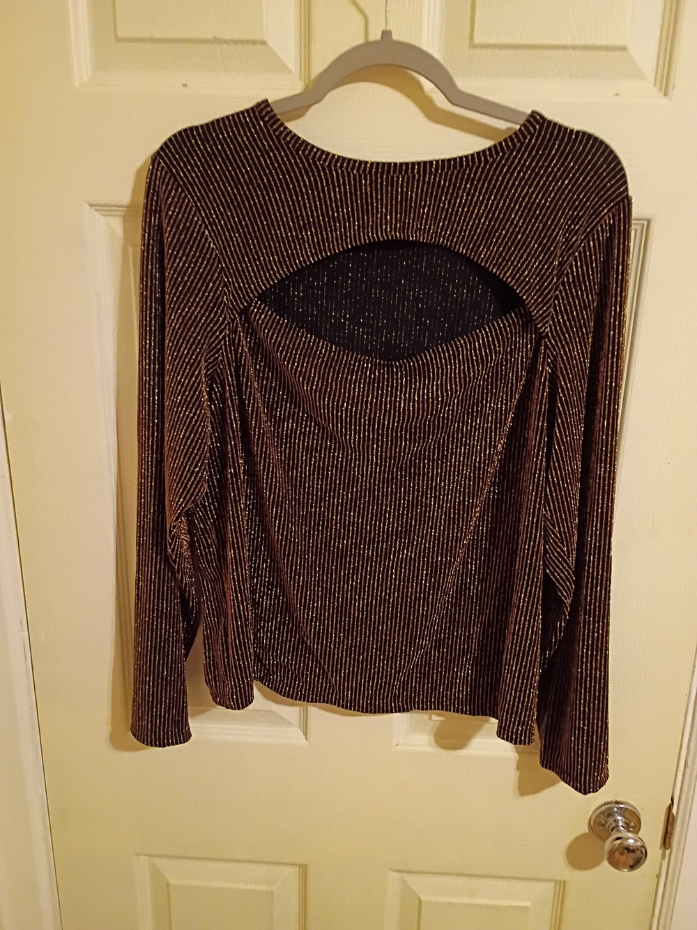Michael Kors Women's 1X Black Gold Metallic Striped Knit Crew Neck Top